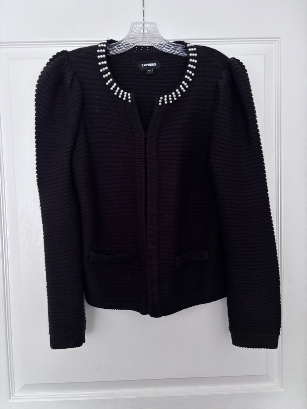 Express Black Knit Cardigan with Pearl Trim